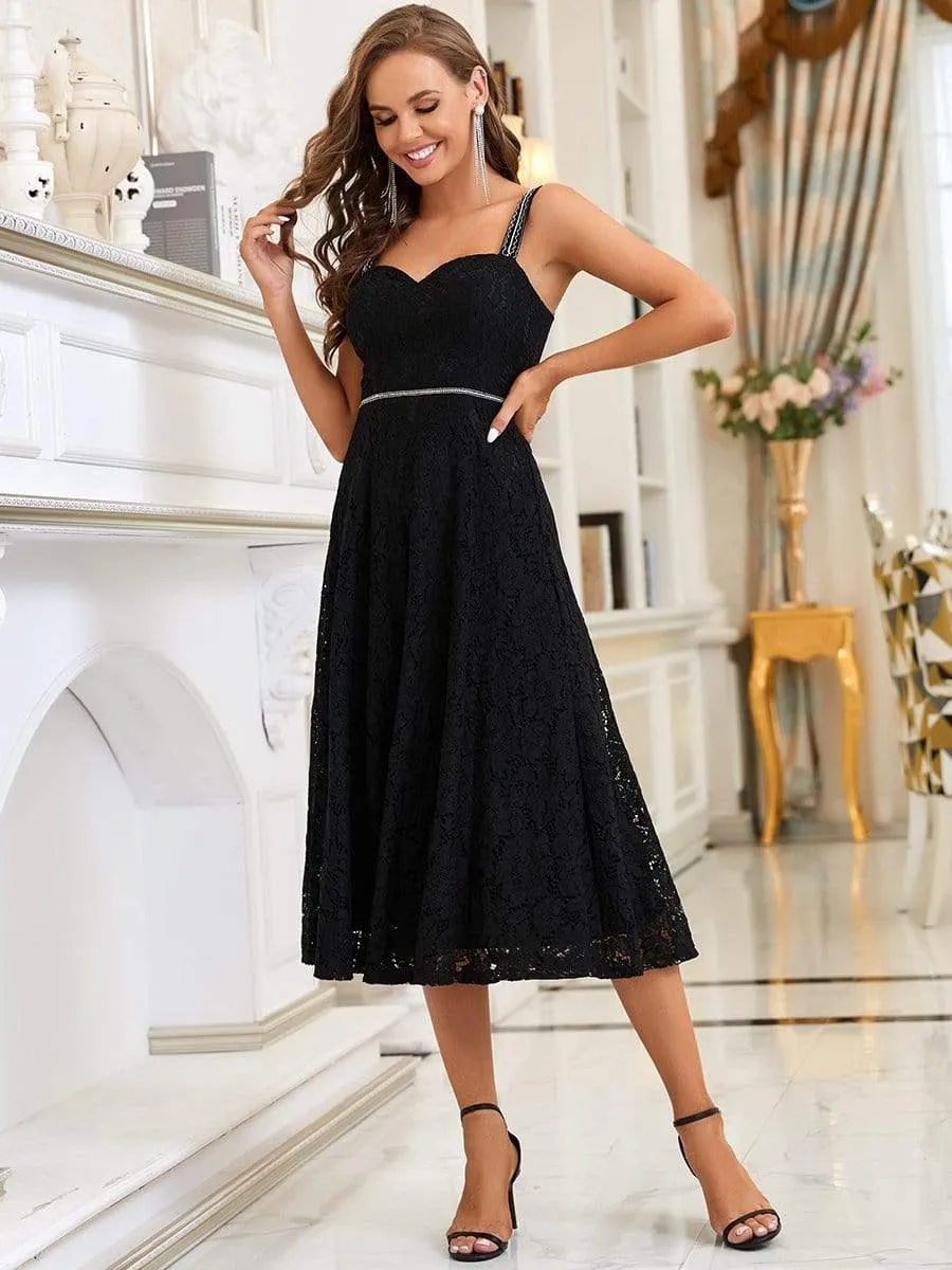 Elegant Beaded Strap Sweetheart Midi Lace Evening Dress