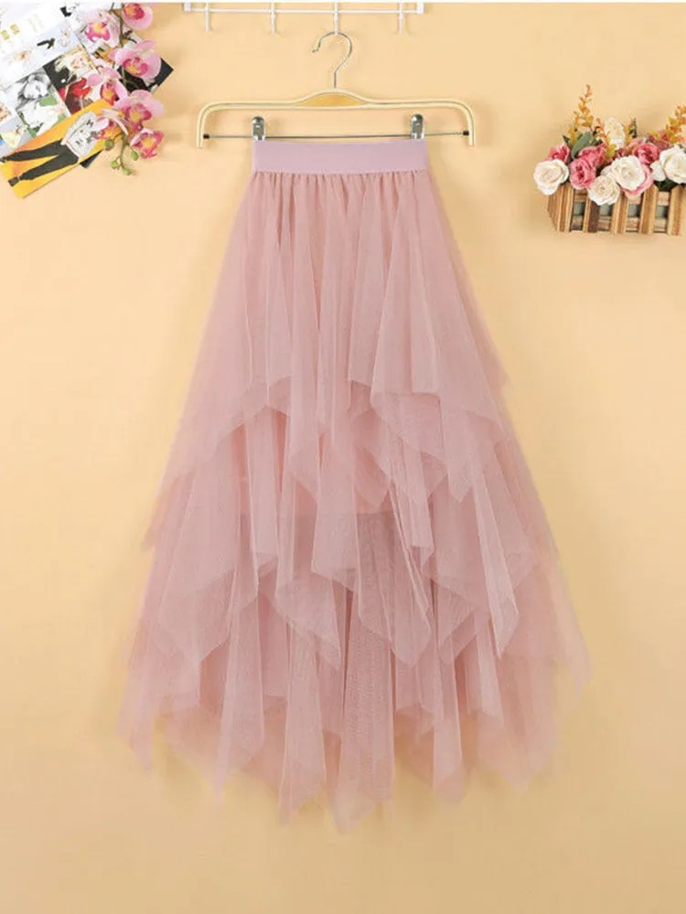 Elegant Women Ball Gown Tulle Skirt Spring Korean Elastic High Waist Mesh Long Skirt Summer Party Pink  Faldas