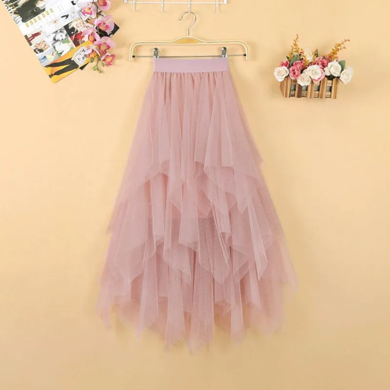 Elegant Women Ball Gown Tulle Skirt Spring Korean Elastic High Waist Mesh Long Skirt Summer Party Pink  Faldas