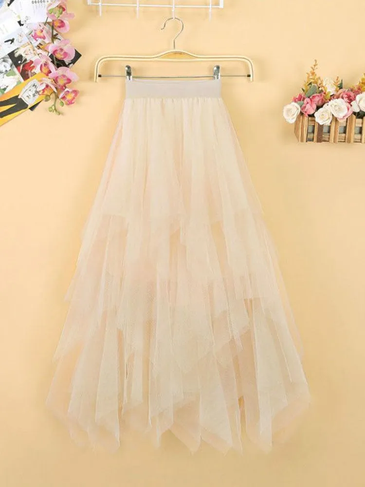 Elegant Women Ball Gown Tulle Skirt Spring Korean Elastic High Waist Mesh Long Skirt Summer Party Pink  Faldas