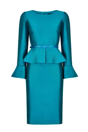 Emerald and Teal Silk Peplum Dress with Fluted Cuffs - Catherine