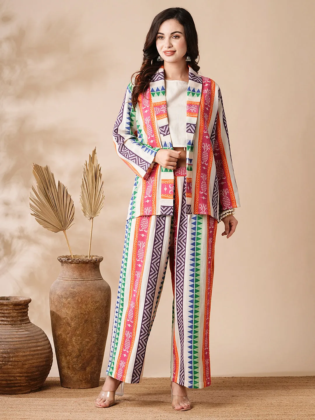 Ethnic Stripes Woven Handloom Jacket and Culottes with Inner - Multi