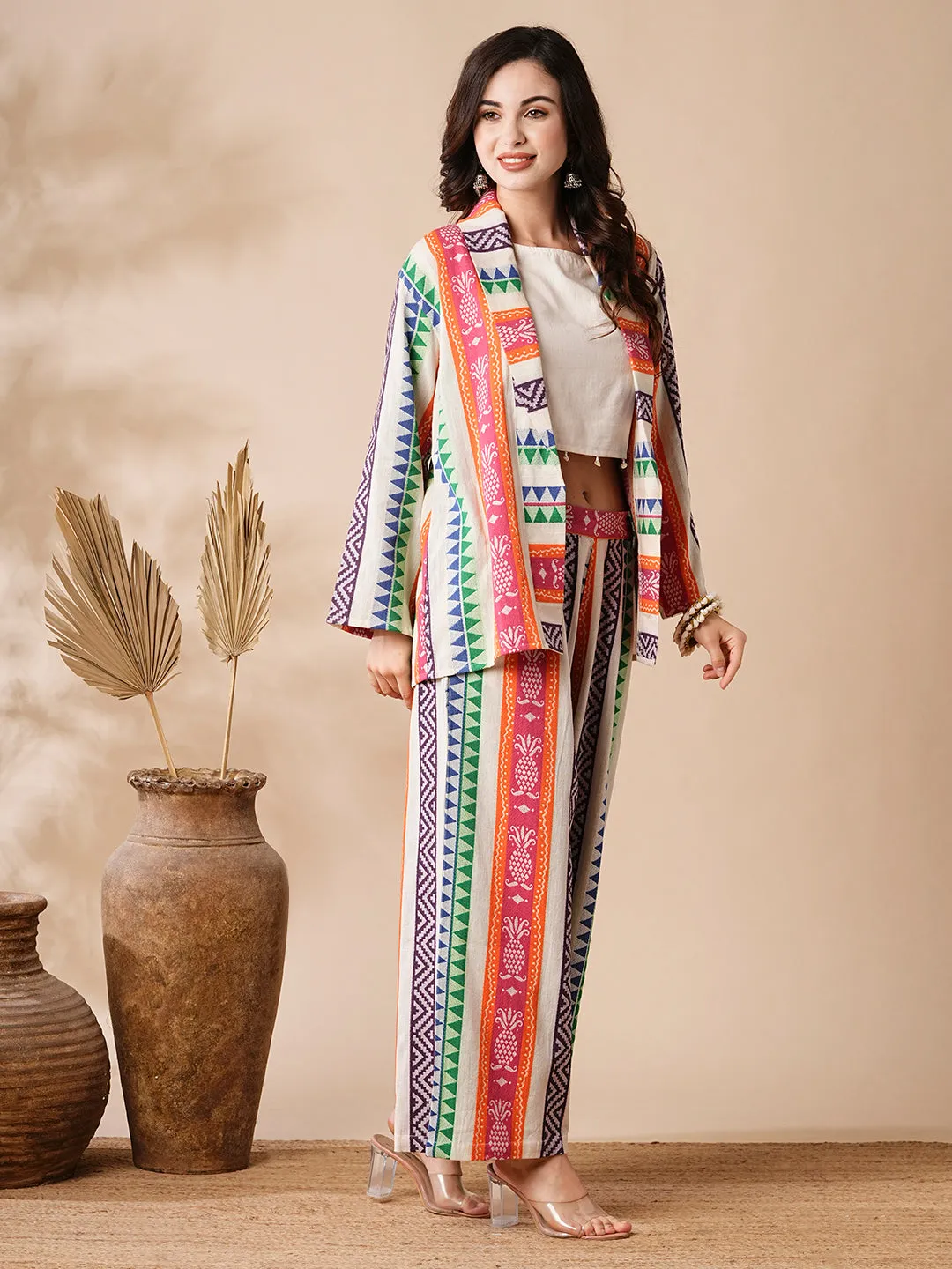 Ethnic Stripes Woven Handloom Jacket and Culottes with Inner - Multi