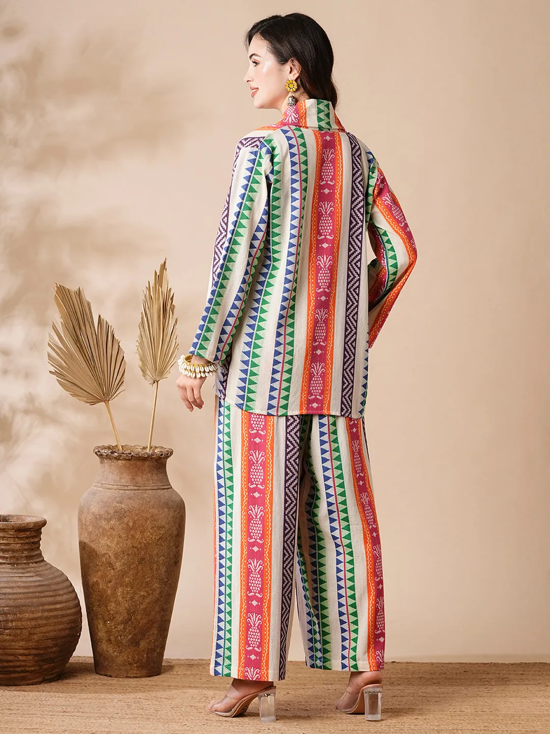 Ethnic Stripes Woven Handloom Jacket and Culottes with Inner - Multi