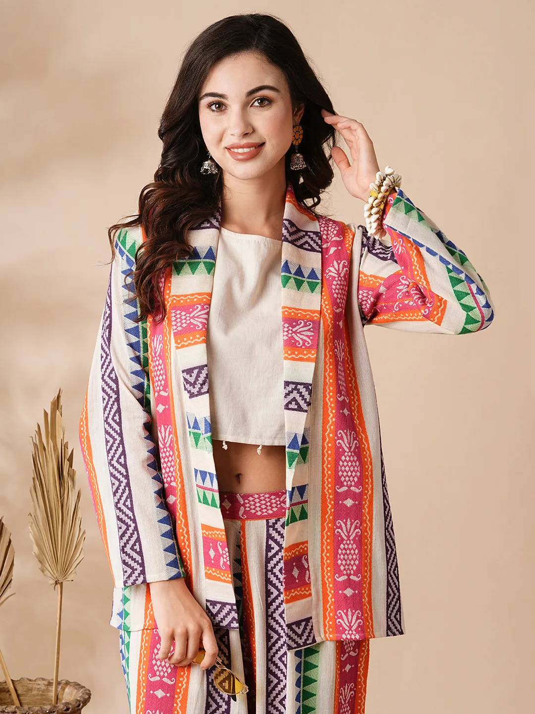 Ethnic Stripes Woven Handloom Jacket and Culottes with Inner - Multi