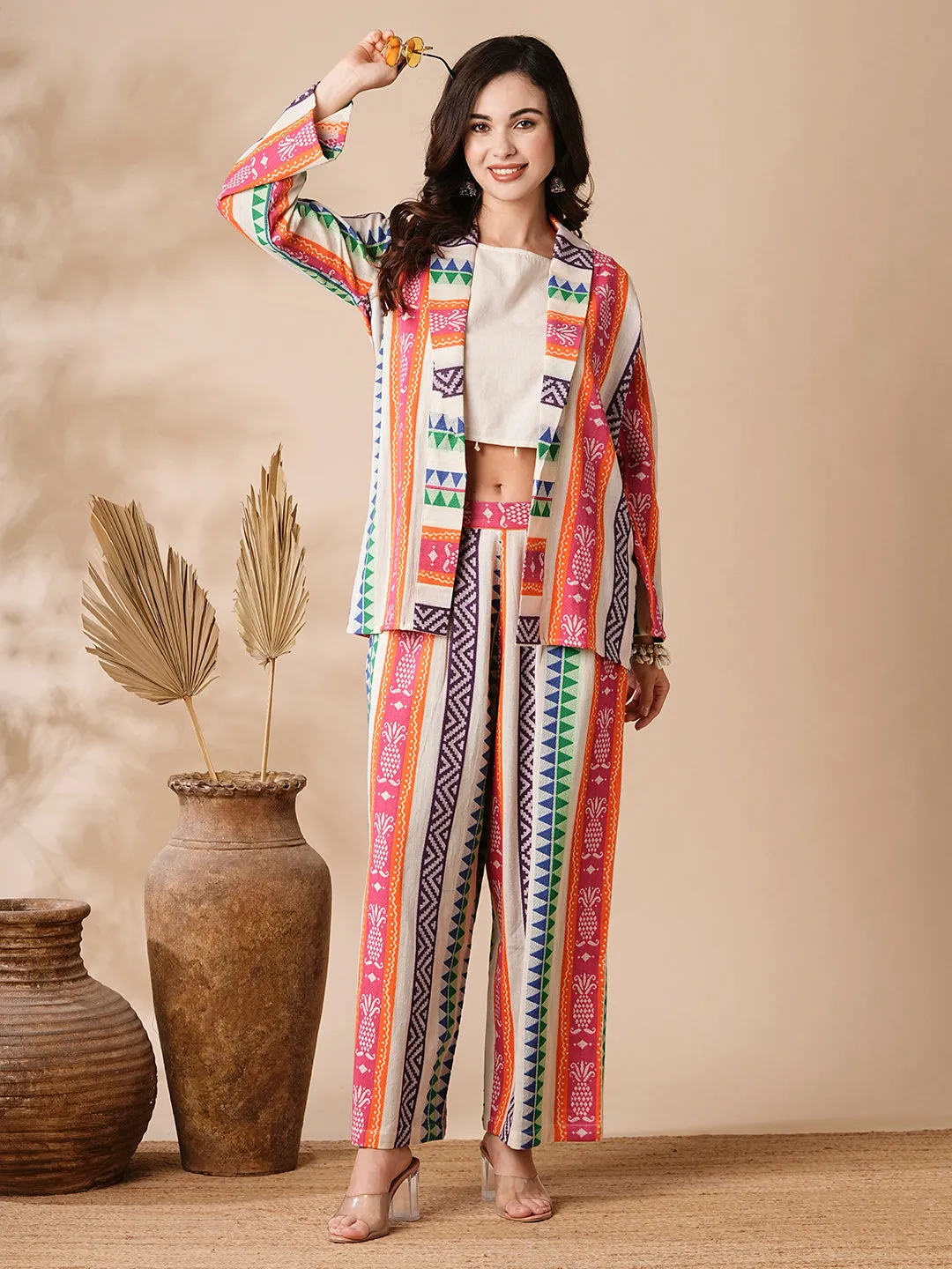 Ethnic Stripes Woven Handloom Jacket and Culottes with Inner - Multi