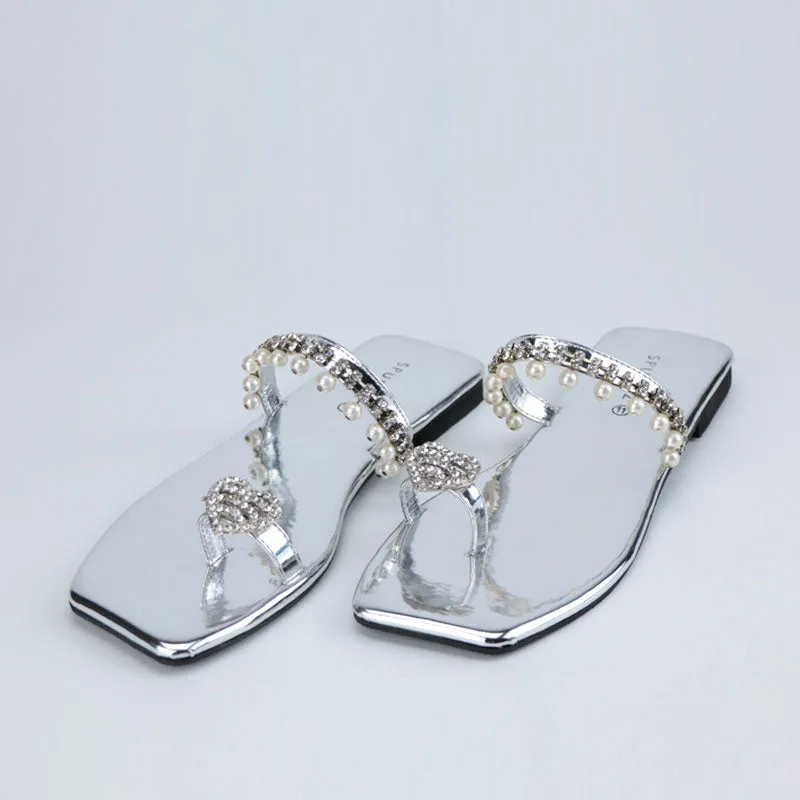 Fancy Kolhapuri Pearl Design Flat Toe Ring Toe Sandals