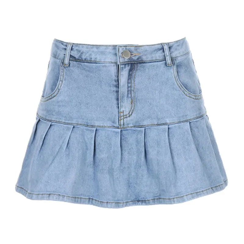 Fashion Ruffles Denim Skirt High Waist Elastic Streetwear Jean Mini Skirt Summer Korean Lining Pure Cotton Ladies Skirts