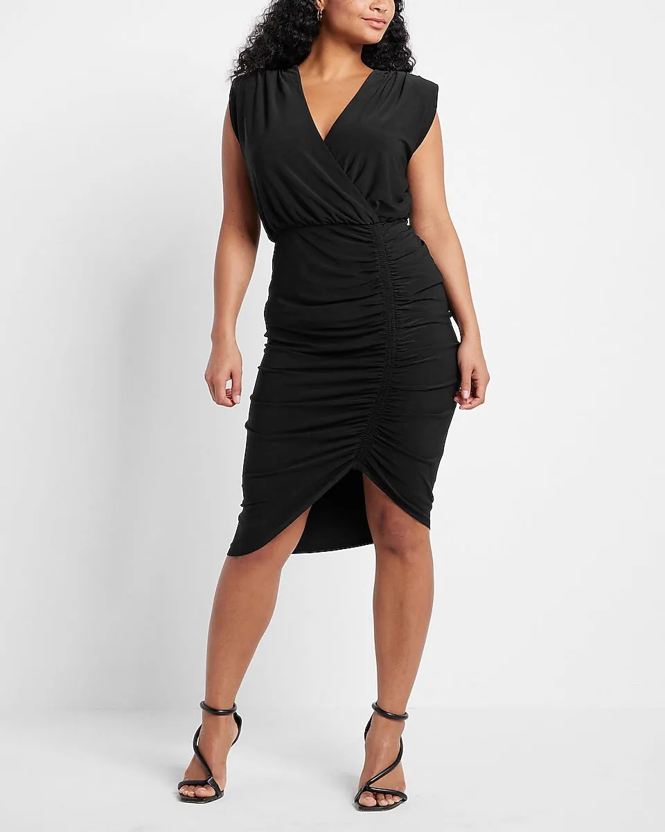 Faux Wrap V-Neck Ruched Sheath Dress in Pitch Black