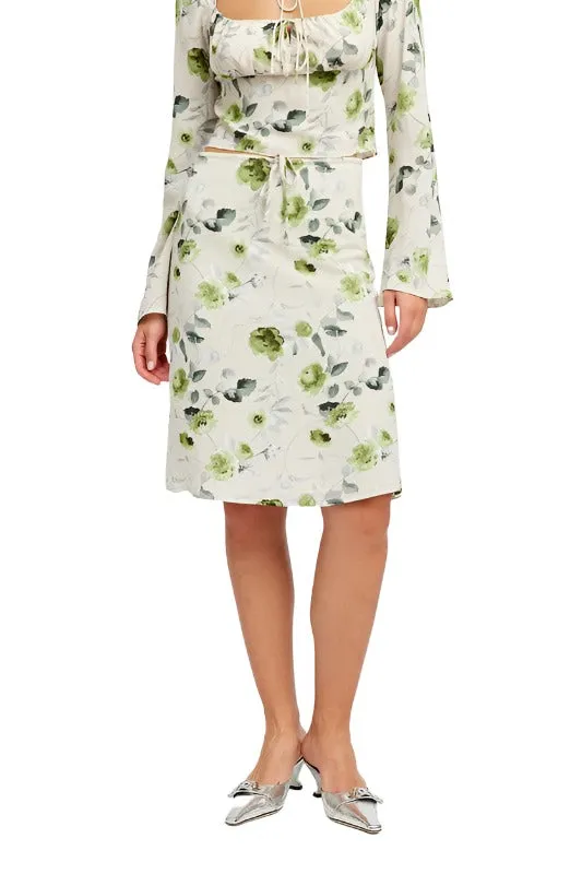 FLORAL MIDI SKIRT WITH FRONT DRAWSTRING