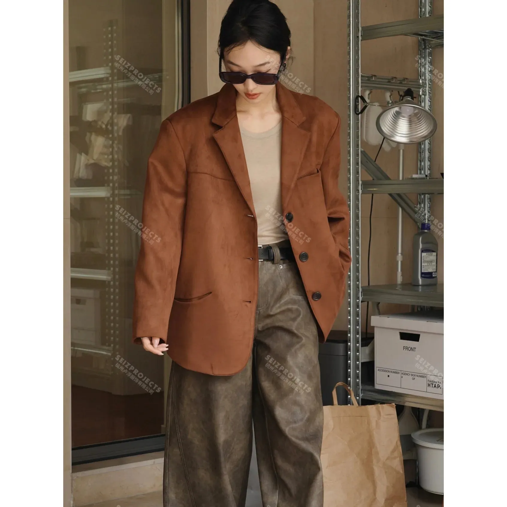 Flytonn-Fall Outfits Women Outwear Streetwear -Winter Curved Pocket Oversized Blazer Jacket Brown Green  Loose Straight Coat For Women