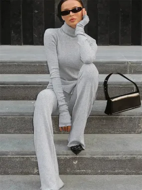 Flytonn Female Autumn 2 Piece-Set Flared Trousers Female Slim Long Sleeve Turtleneck Pullover And High Waist Women's Pants Sets