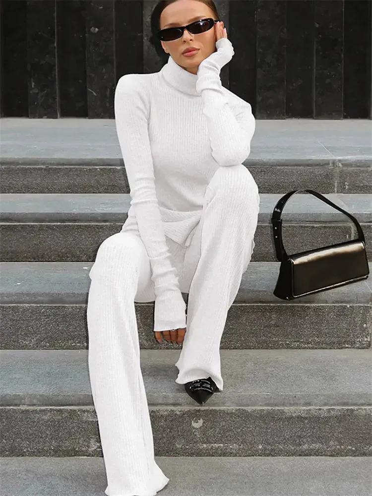 Flytonn Female Autumn 2 Piece-Set Flared Trousers Female Slim Long Sleeve Turtleneck Pullover And High Waist Women's Pants Sets