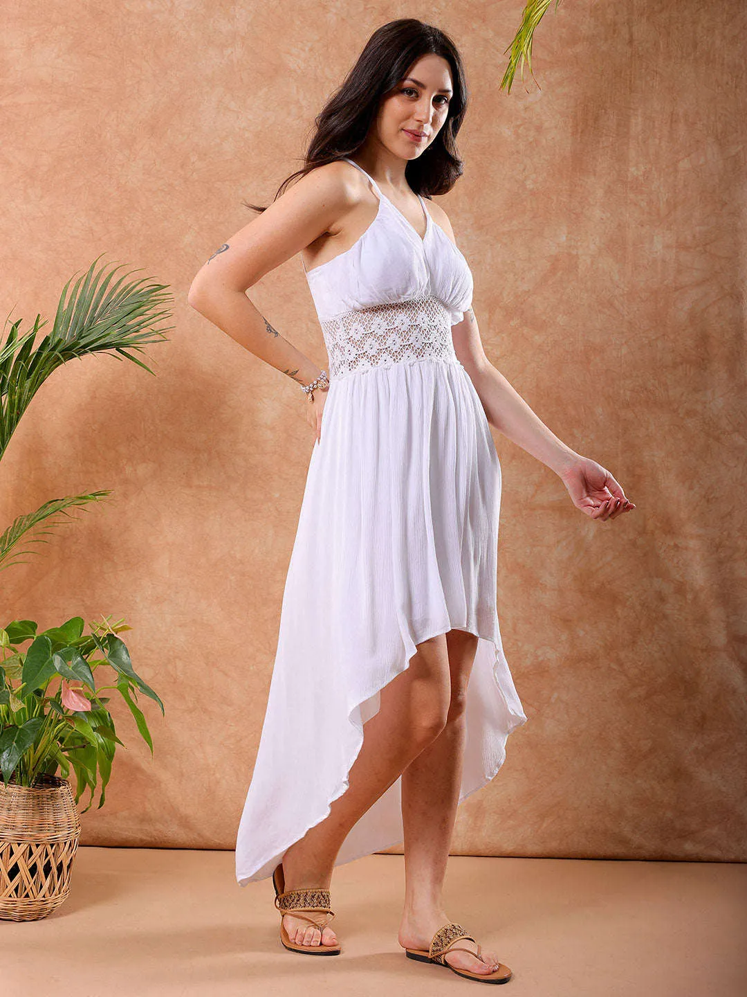 Freehand Women White Fit And Flare Solid V-Neck Maxi Dress