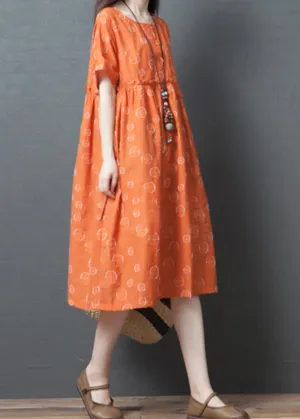 French Orange Dot Print Maxi Dress Short Sleeve VB1028