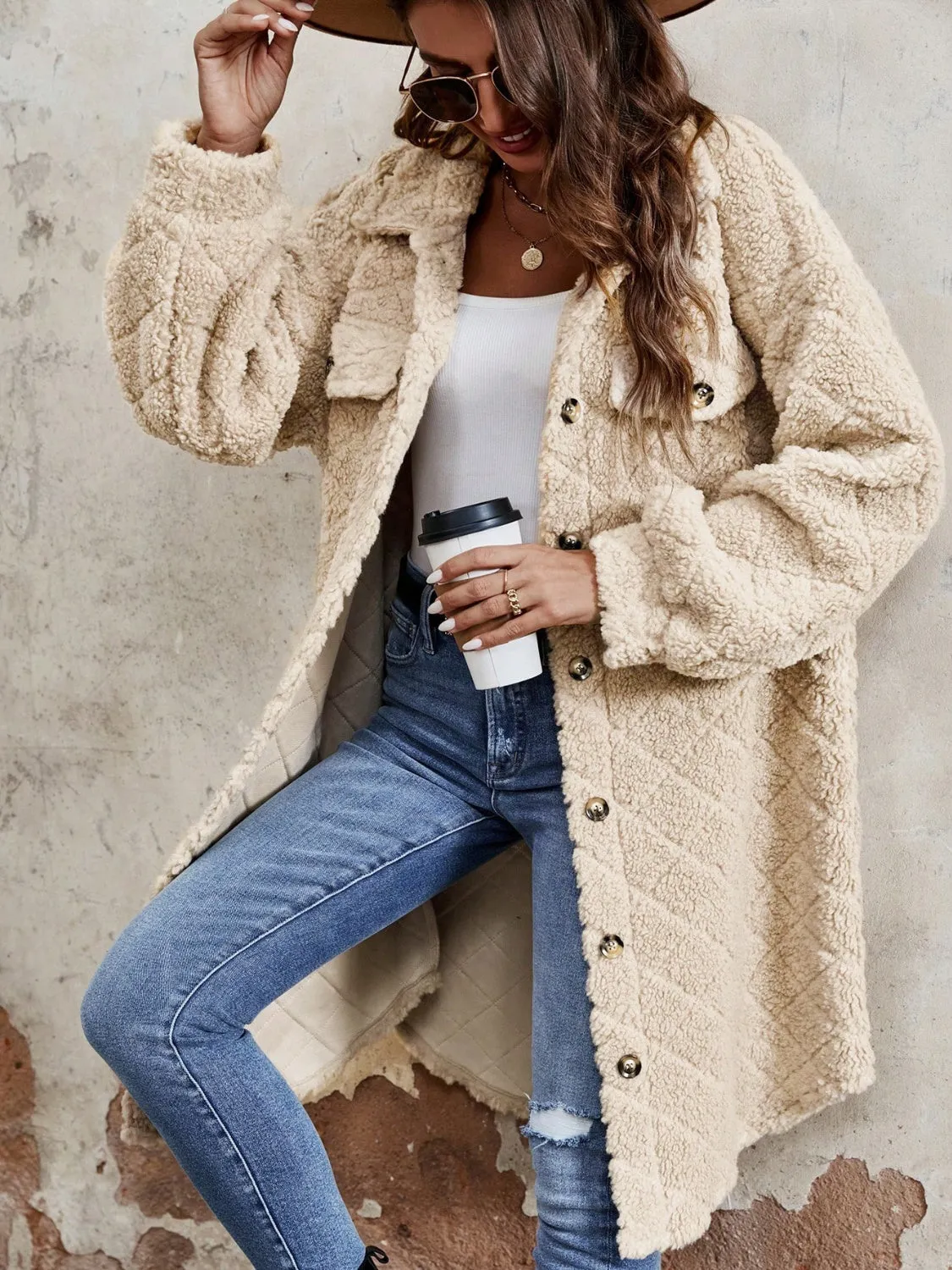 Fuzzy Button Up  Long Sleeve Coat