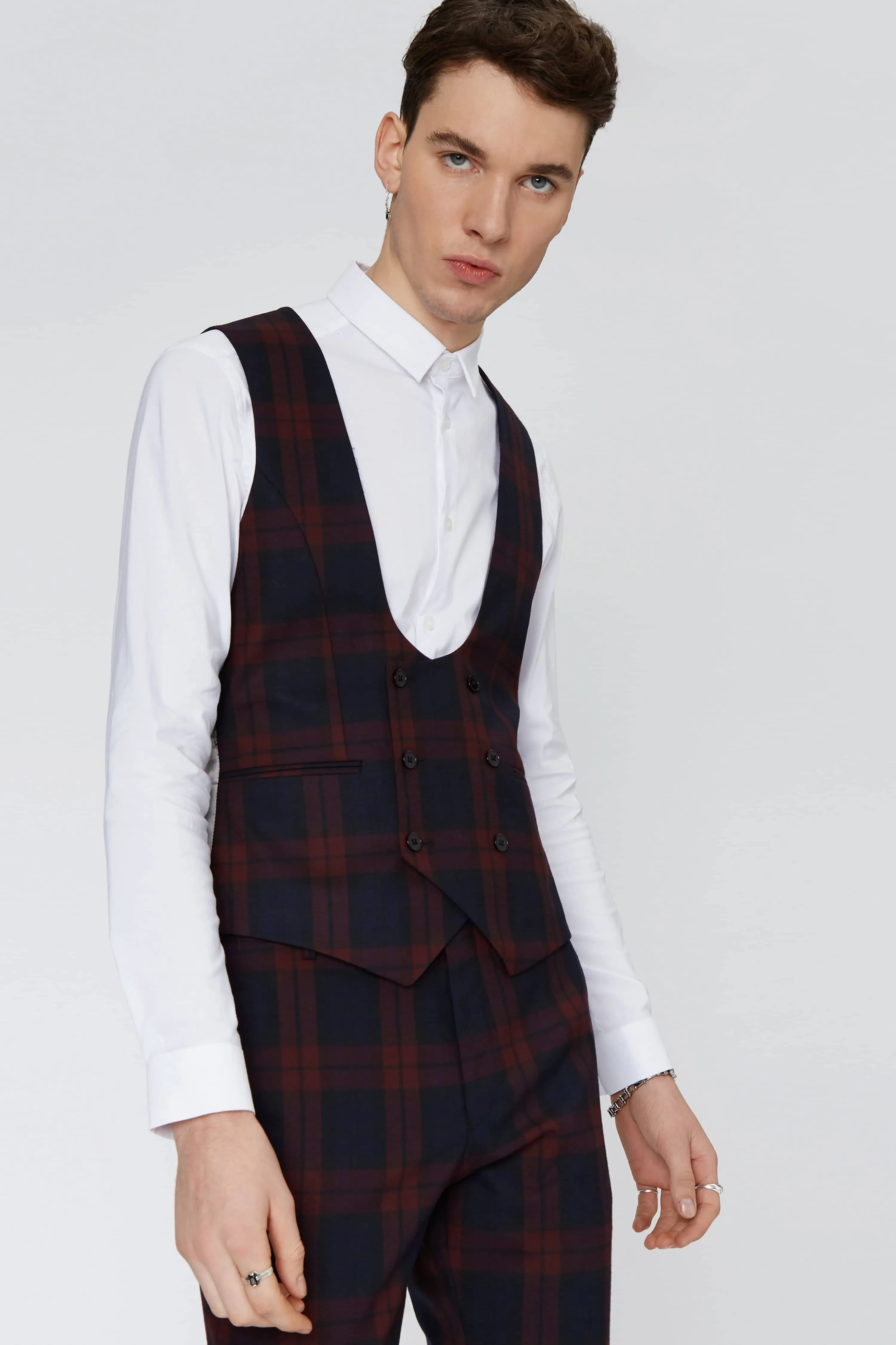 Ginger Skinny Fit Burgundy Tartan Waistcoat