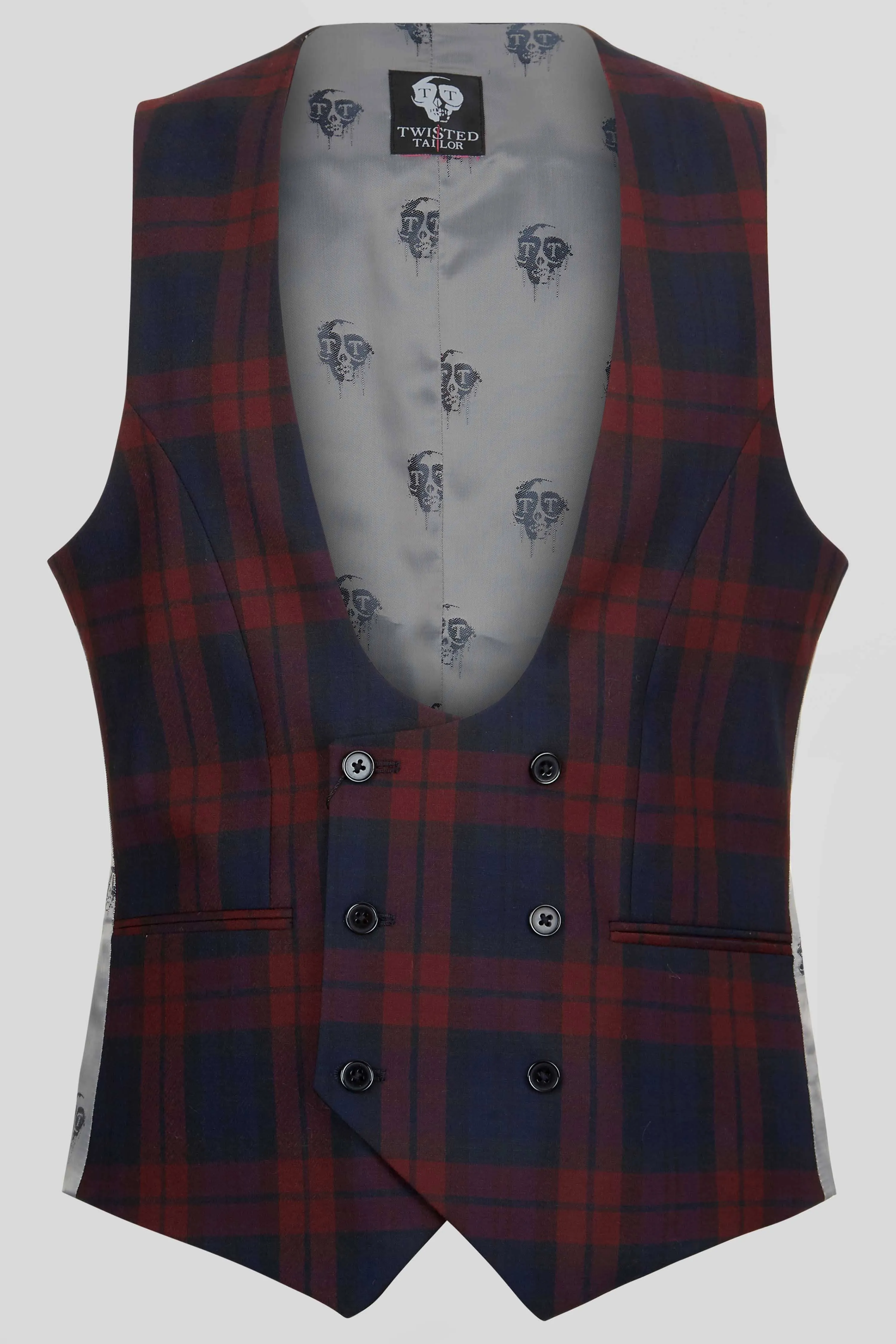 Ginger Skinny Fit Burgundy Tartan Waistcoat