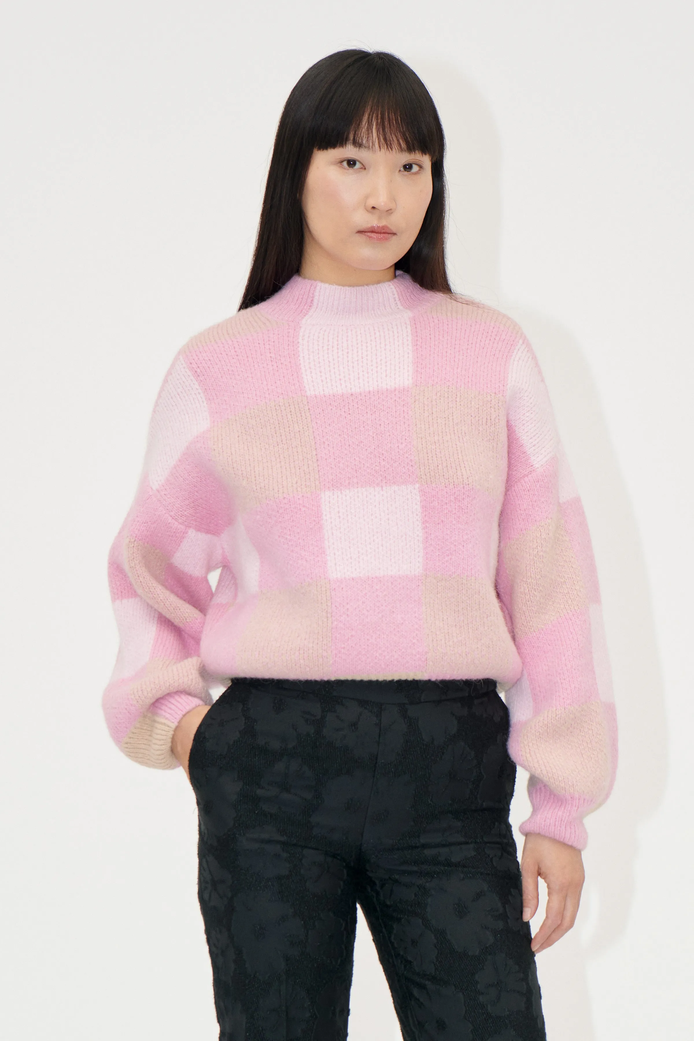 Gingham Check Sweater - Pink Gingham Check