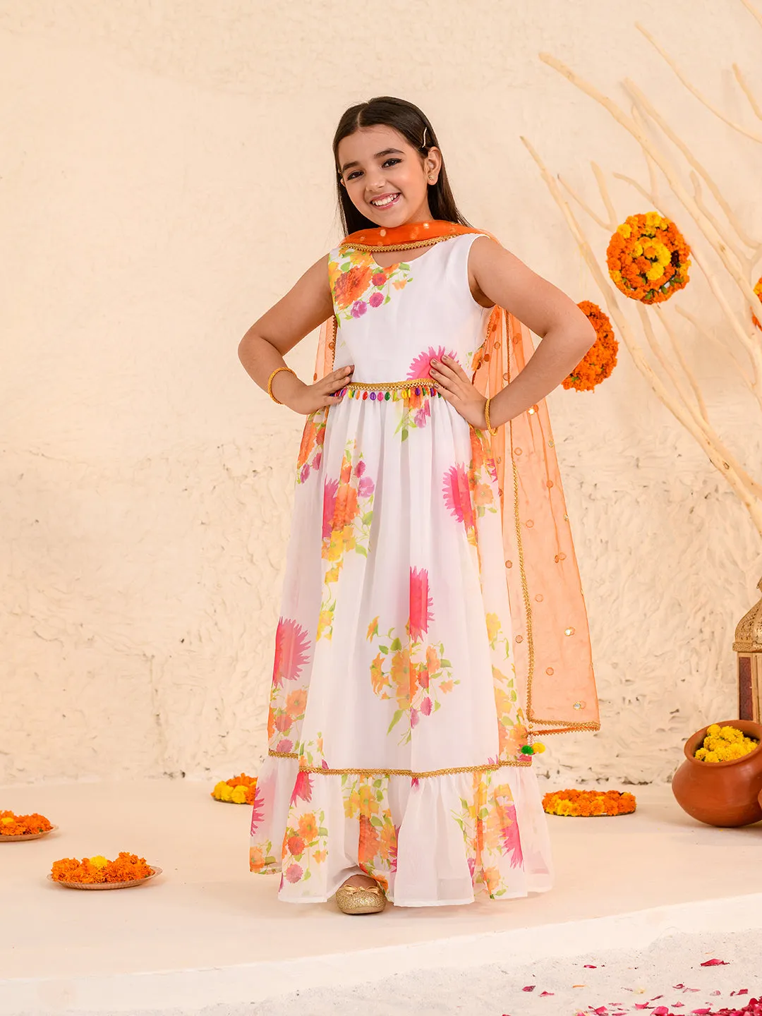 Girls Floral Printed Fit Flare Maxi Ethnic Dress With Dupatta - Ps Peaches