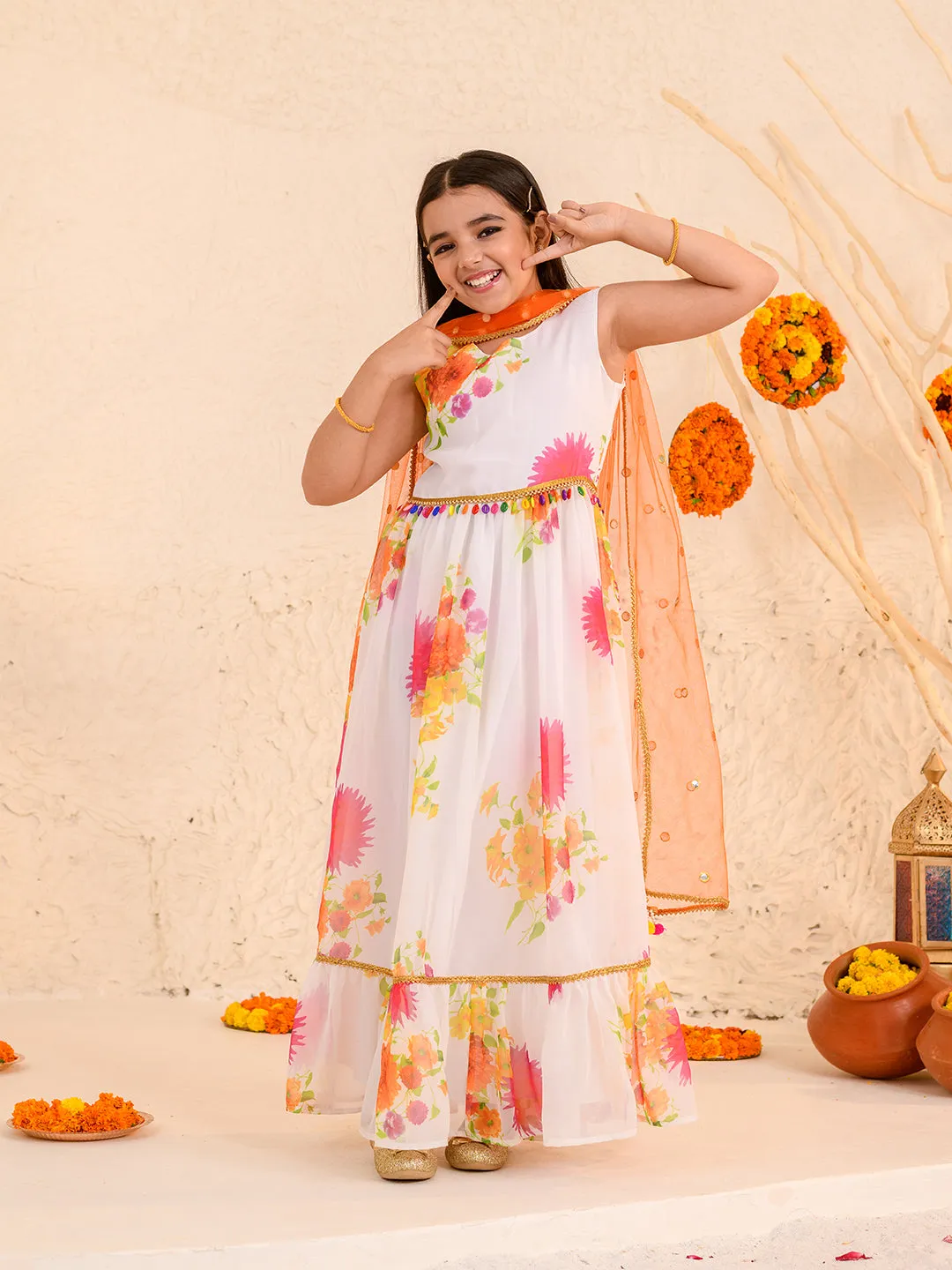 Girls Floral Printed Fit Flare Maxi Ethnic Dress With Dupatta - Ps Peaches