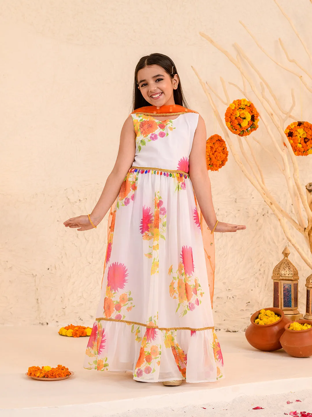 Girls Floral Printed Fit Flare Maxi Ethnic Dress With Dupatta - Ps Peaches