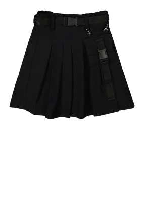 Girls Solid Belted Pouch Detail Pleated Skirt