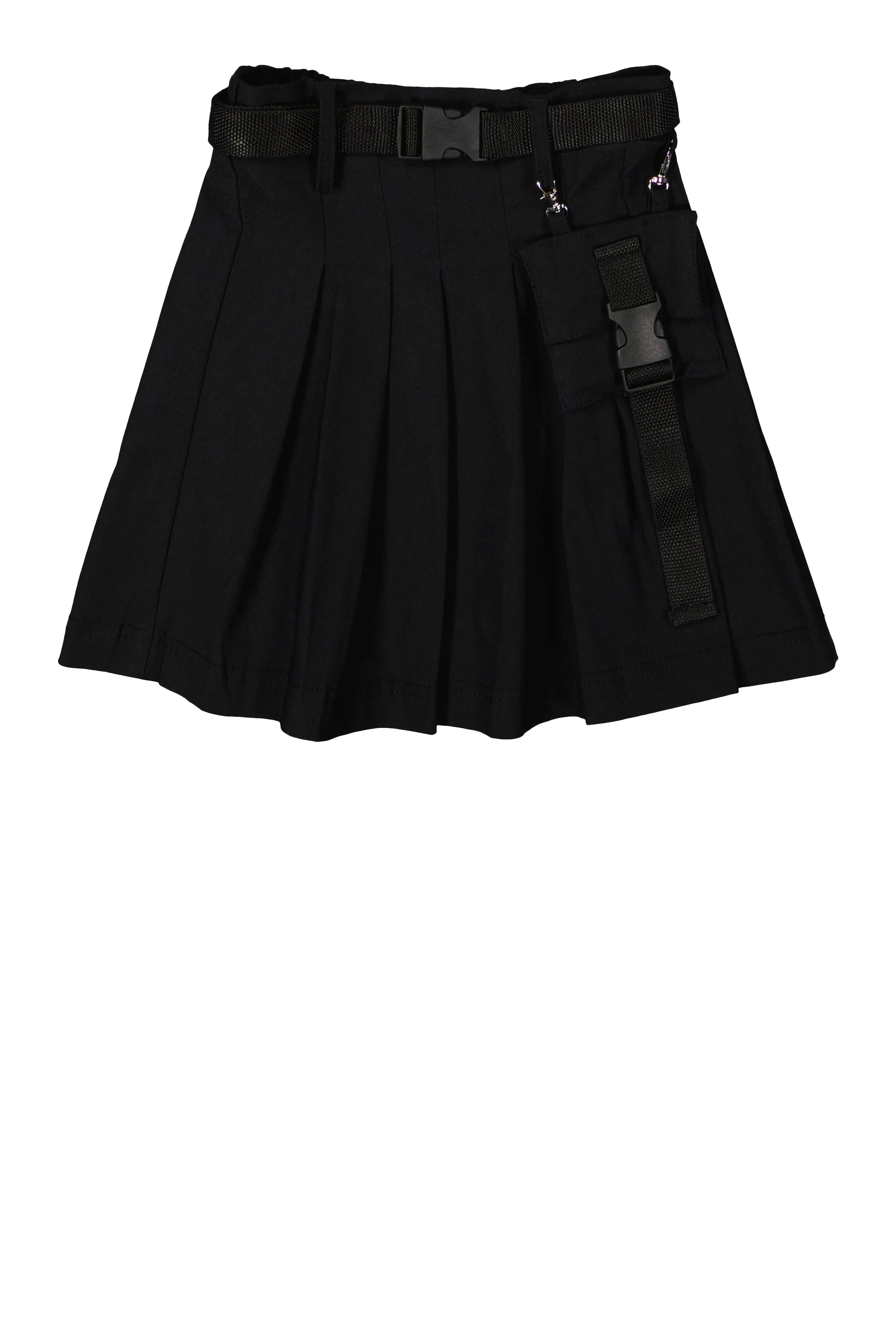 Girls Solid Belted Pouch Detail Pleated Skirt