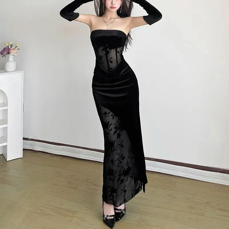 Gloves velvet mesh flower print tube maxi dress