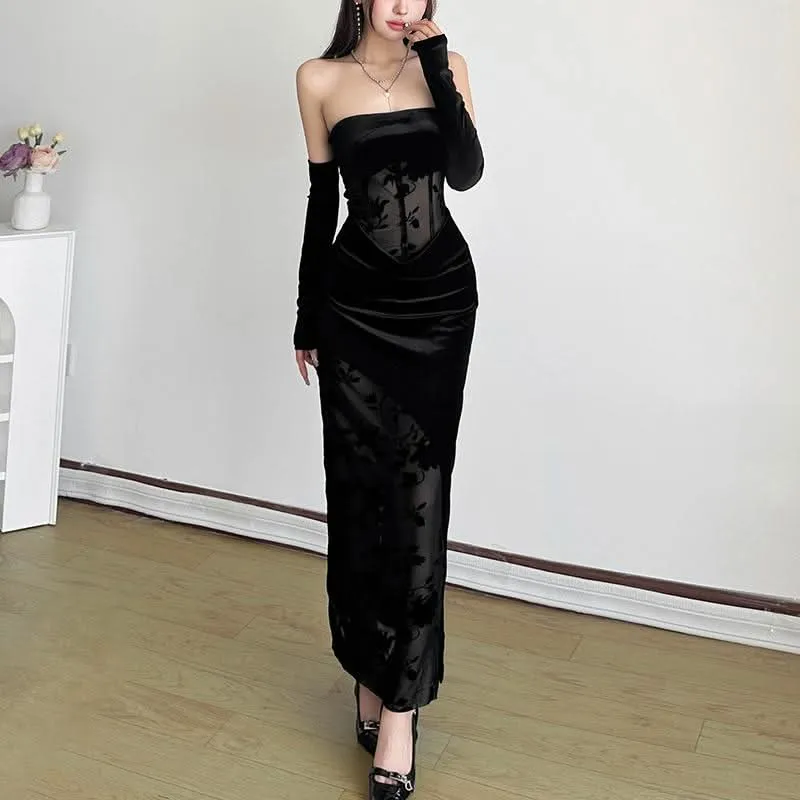 Gloves velvet mesh flower print tube maxi dress