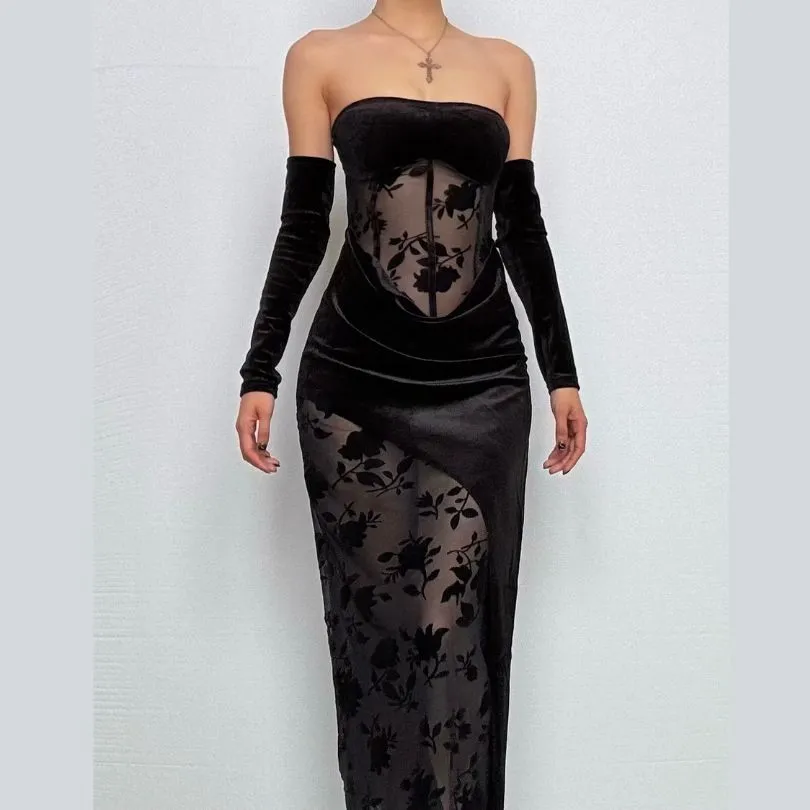 Gloves velvet mesh flower print tube maxi dress