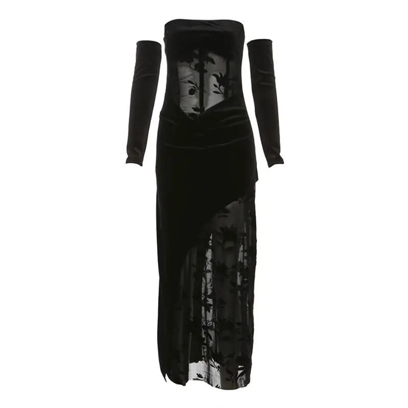 Gloves velvet mesh flower print tube maxi dress