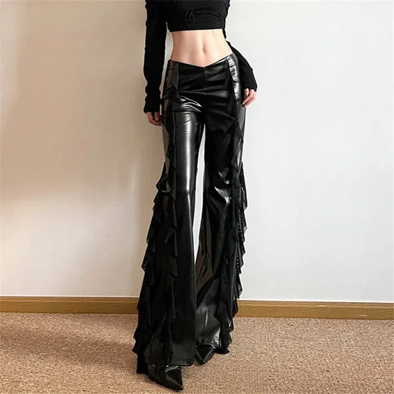 Gothic PU Flare Women Faux Casual Pants Zip Mesh Pants