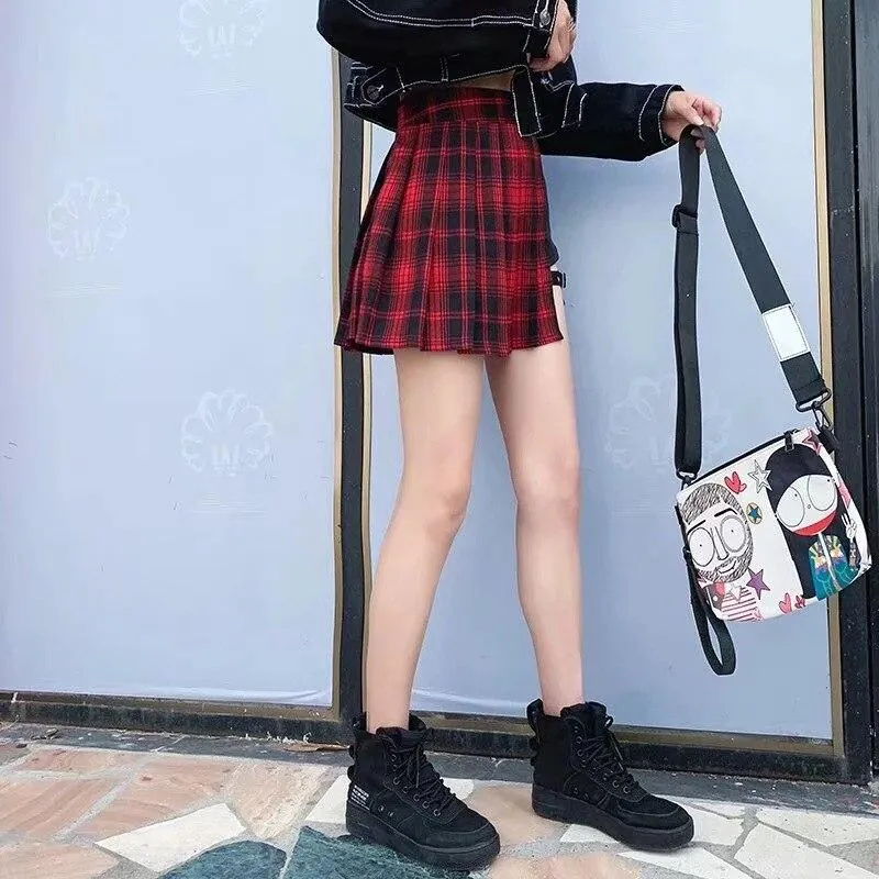 Gothic Punk Harajuku Vintage Plaid Mini Skirt Women Pleated A-Line High Waist Casual Plus Size Chic Red Black Goth Skater Green