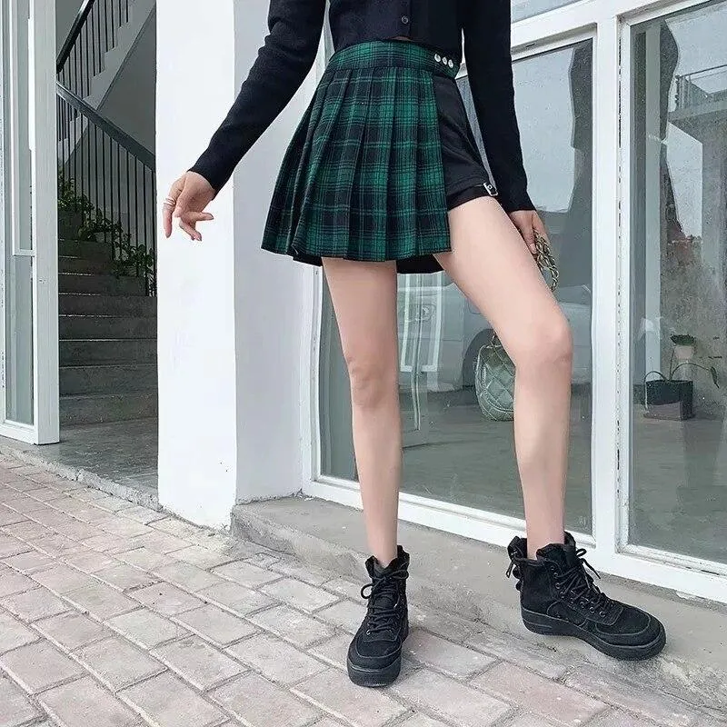 Gothic Punk Harajuku Vintage Plaid Mini Skirt Women Pleated A-Line High Waist Casual Plus Size Chic Red Black Goth Skater Green