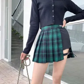 Gothic Punk Harajuku Vintage Plaid Mini Skirt Women Pleated A-Line High Waist Casual Plus Size Chic Red Black Goth Skater Green