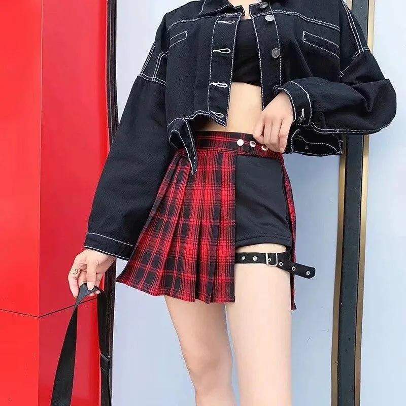 Gothic Punk Harajuku Vintage Plaid Mini Skirt Women Pleated A-Line High Waist Casual Plus Size Chic Red Black Goth Skater Green