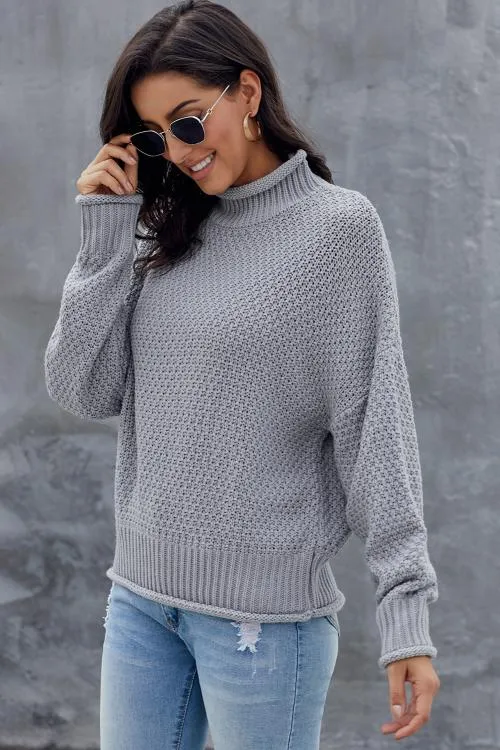 Gray Chunky Batwing Long Sleeve Turtleneck Sweater