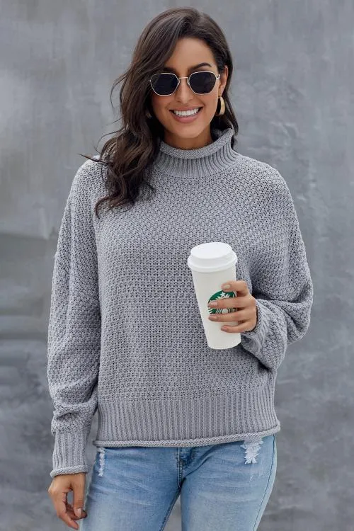 Gray Chunky Batwing Long Sleeve Turtleneck Sweater