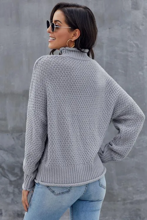 Gray Chunky Batwing Long Sleeve Turtleneck Sweater