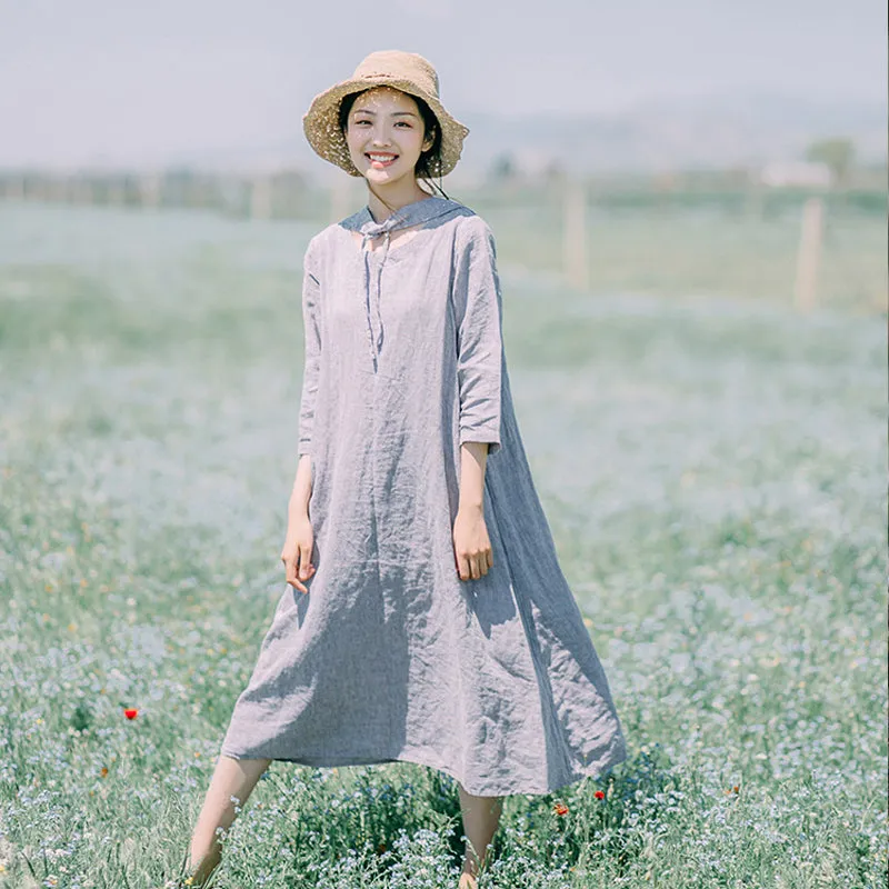 Gray Linen Dress Summer Midi Casual Women Linen Dresses ZF98411