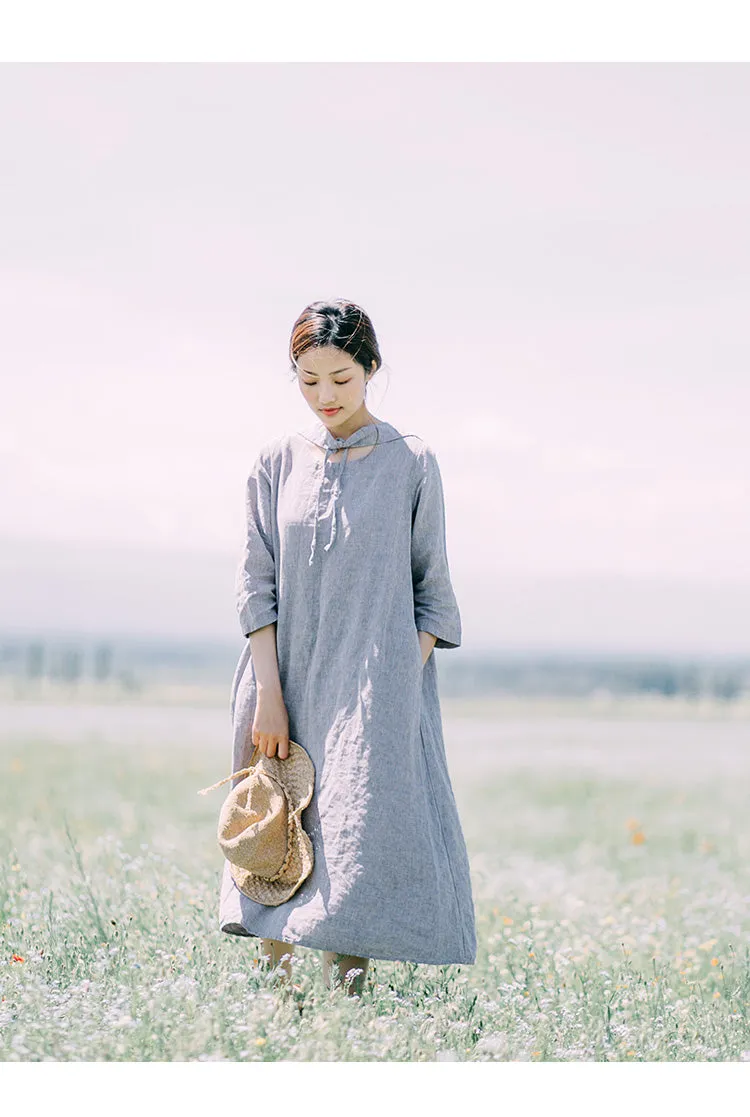 Gray Linen Dress Summer Midi Casual Women Linen Dresses ZF98411