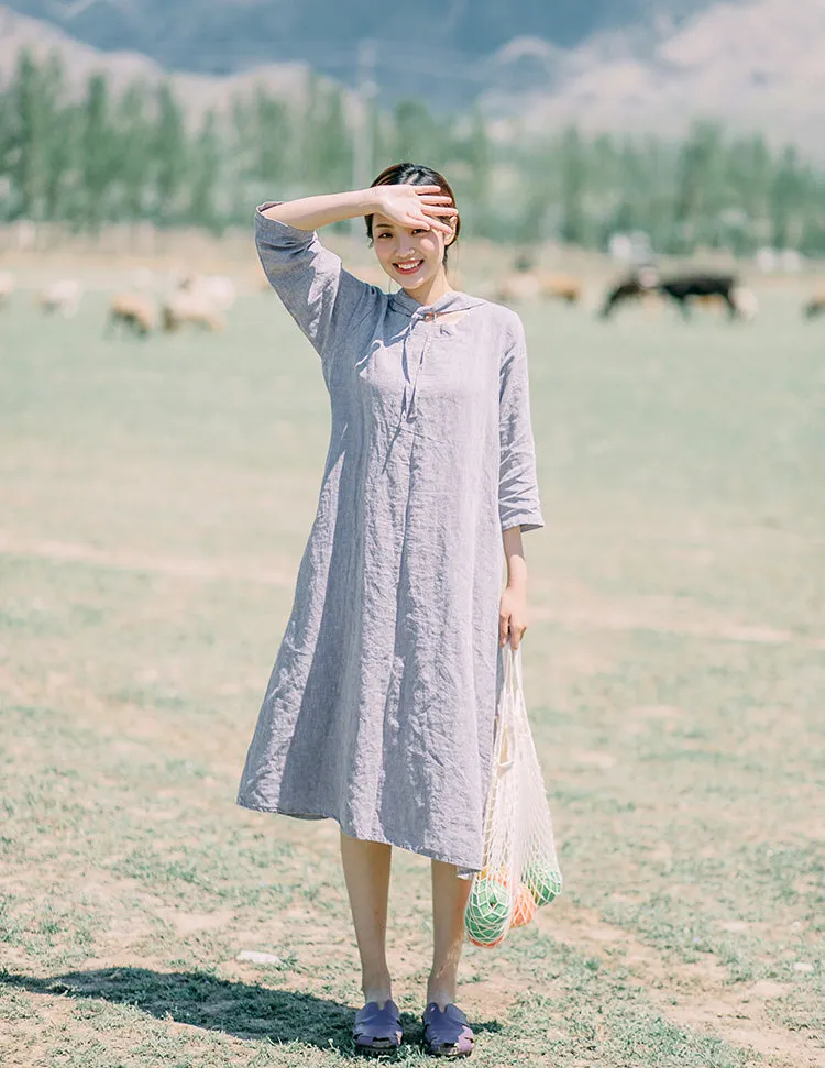 Gray Linen Dress Summer Midi Casual Women Linen Dresses ZF98411