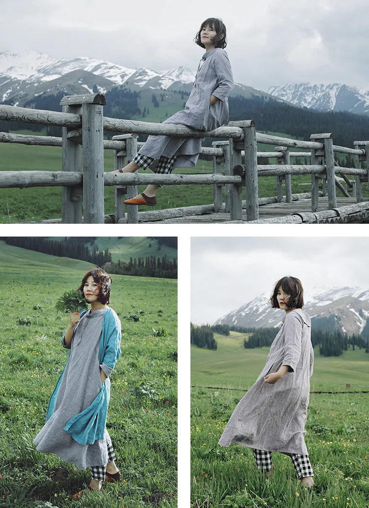 Gray Linen Dress Summer Midi Casual Women Linen Dresses ZF98411