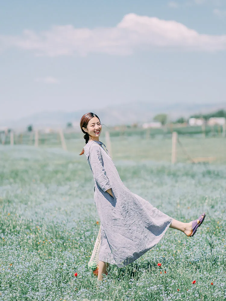 Gray Linen Dress Summer Midi Casual Women Linen Dresses ZF98411