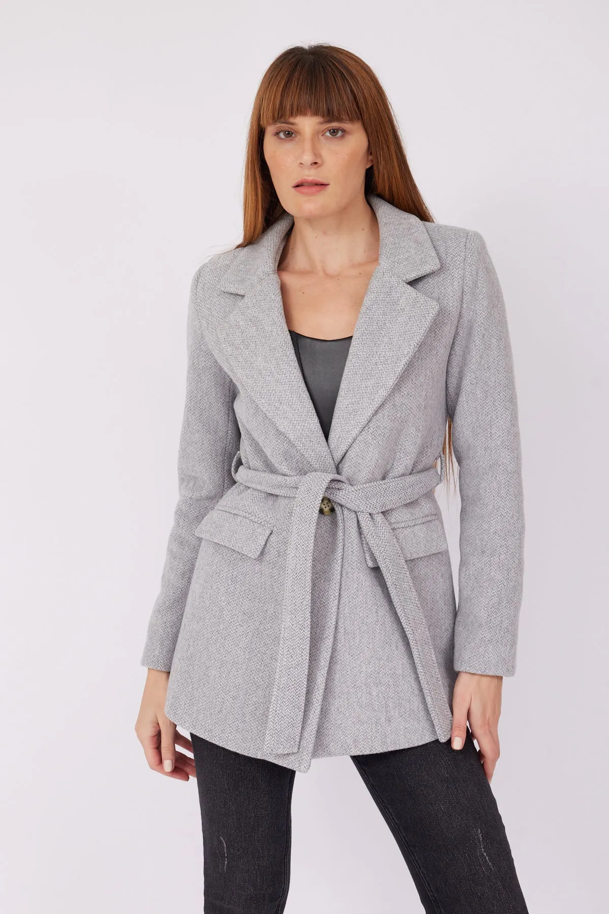 GRAY SHORT BELT COAT