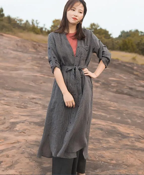 Gray Trenchcoat Linen Long Sleeve Autumn Women Shirt Linen Dresses With Buttons S90922