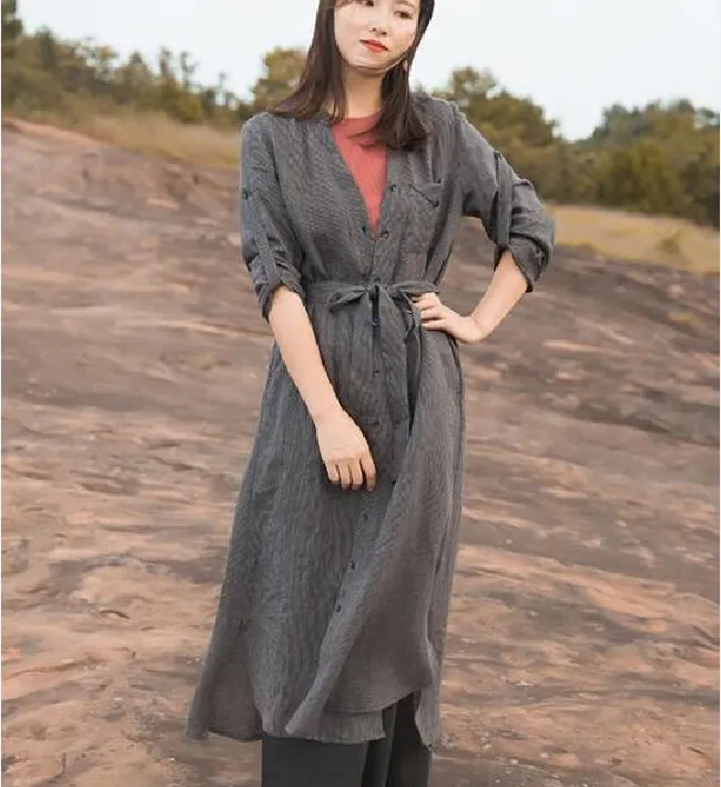 Gray Trenchcoat Linen Long Sleeve Autumn Women Shirt Linen Dresses With Buttons S90922