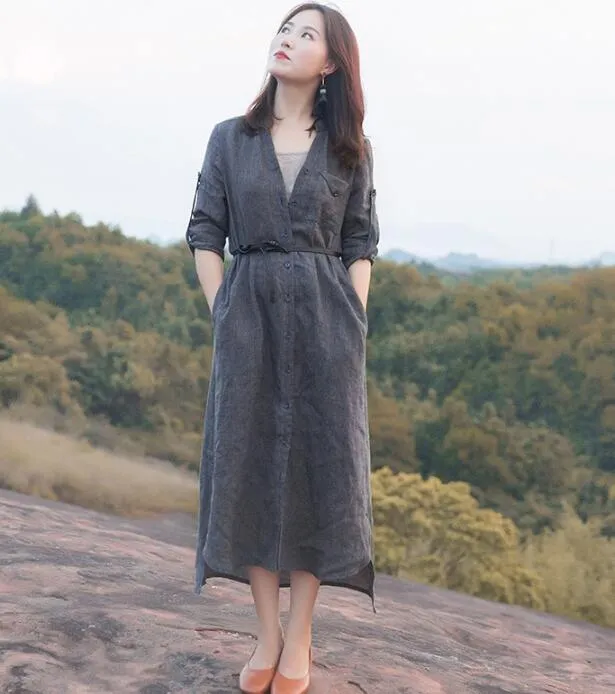 Gray Trenchcoat Linen Long Sleeve Autumn Women Shirt Linen Dresses With Buttons S90922