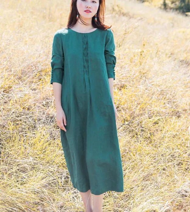 Green Linen Long Sleeve Autumn Women Shift Linen Dresses S90922